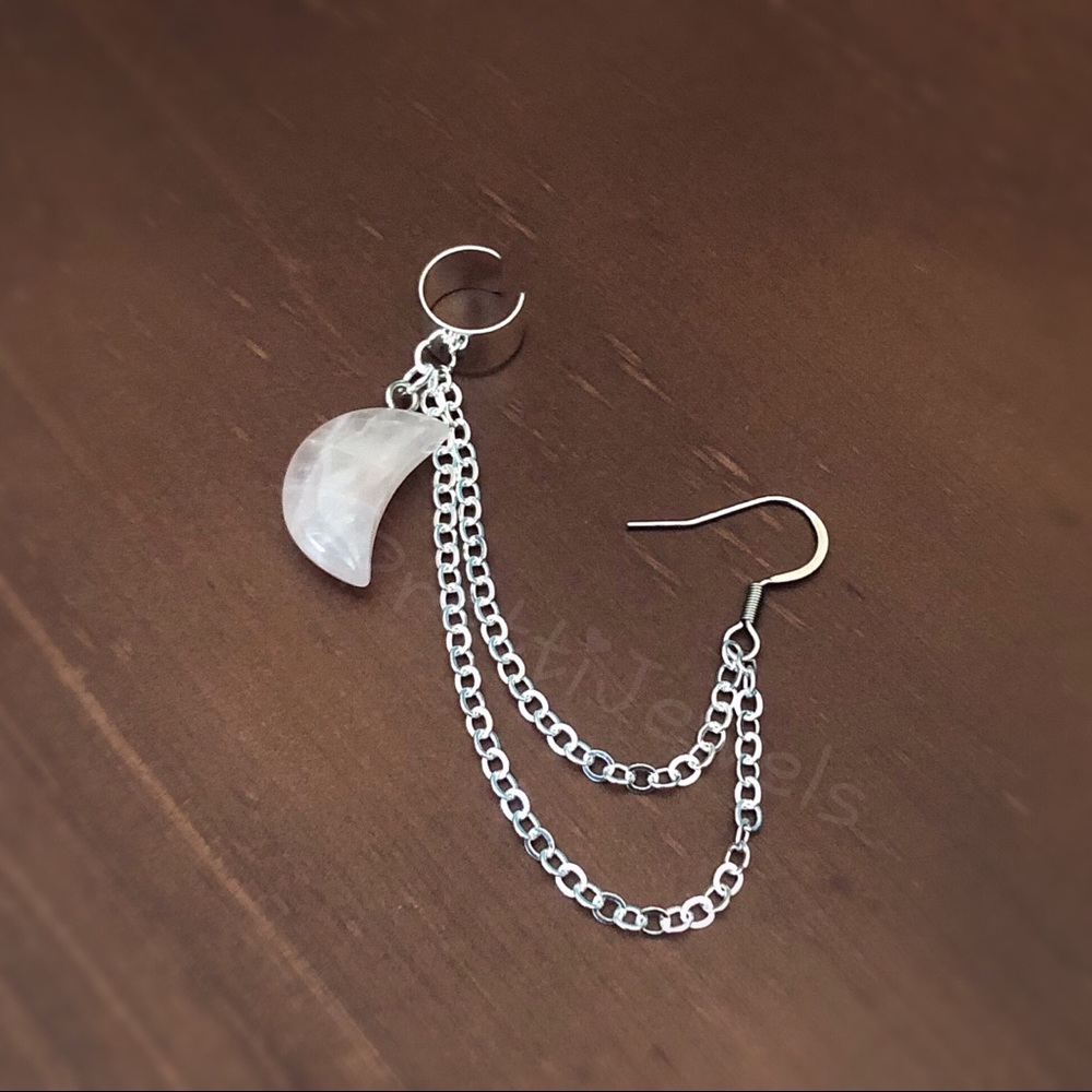 New Unworn Pink Rose Quartz Moon Ear Cuff Chain Earring